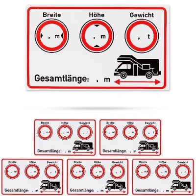 Abbildung von Aufkleber Set für Wohnwagen Cockpit, 6 Stück, 10 x cm, beschreibbare und selbstklebende Folie, Camper Van Hinweis Klebesticker Fahrzeugmaße Länge Breite Höhe Gewicht, Wohnmobil Zubehör Sticker