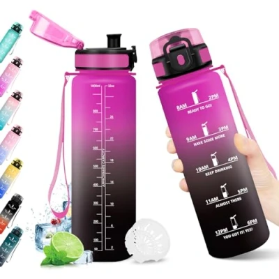 Abbildung von Trinkflasche 1L, Wasserflasche mit Zeitmarkierung, Filter, Auslaufsicher, BPA frei, Sportflasche für Fitness, Fahrrad, Büro, Schule, Outdoor, Yoga, Erwachsene, Sprudel geeignet