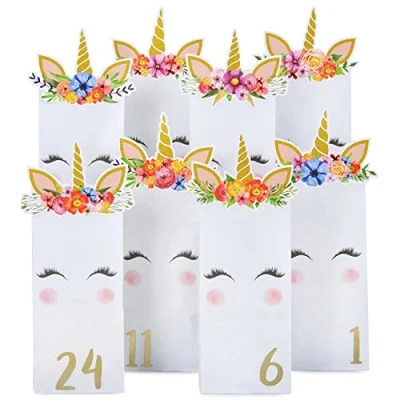 Abbildung von Papierdrachen Adventskalender zum Befüllen Kraftpapier Set ausgestanzte Einhörner mit 24 weißen bedruckten Papiertüten Basteln und Selbermachen