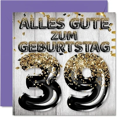 Abbildung von Stuff4 39. Geburtstagskarte für Männer Schwarz Gold Glitzerballons Alles Gute zum Geburtstagskarten 39 Jährige Mann Sohn Bruder Onkel, 145mm Neununddreißig Geburtstag Grußkarten