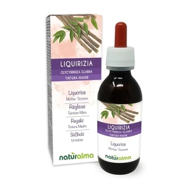 Abbildung von Süßholz oder Lakritz (Glycyrrhiza glabra) Wurzeln Alkoholfreier Urtinktur Naturalma Flüssig Extrakt Tropfen 120 ml Nahrungsergänzungsmittel Veganer