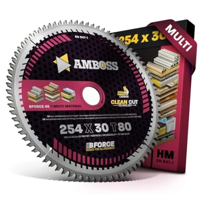 Abbildung von HM Kreissägeblatt 254x30 Z80 Flachzahn mit Wechselfase für Multi Feinschnitt. AMBOSS WERKZEUGE® Sägeblatt 254mm komp. zu Bosch GTS 10. PTS 100 T.GTS 254 Holzmann TS 250. TK 255 Ryobi
