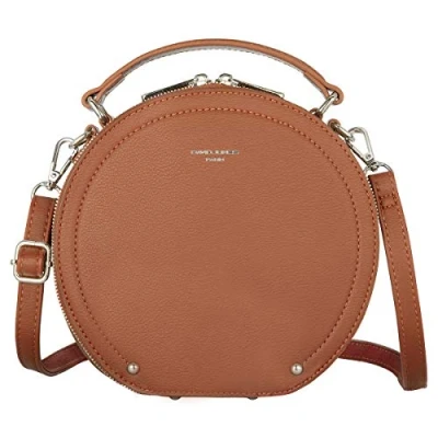 Abbildung von David Jones Damen Runde Umhängetasche Frauen Kreis Tasche PU Leder Crossbody Bag Top Griff Schultertasche Schicke Kleine Handtasche Clutch Pochette Abendtasche Kamel Braun