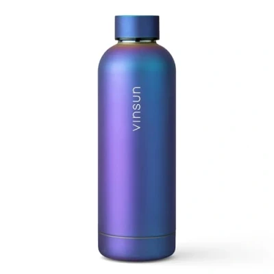 Abbildung von Vinsun Thermoflasche blau lila 500ml auslaufsicher, Kohlensäure geeignet, BPA frei Edelstahl, doppelwandig isoliert leichte, robuste Trinkflasche für Schule, Sport