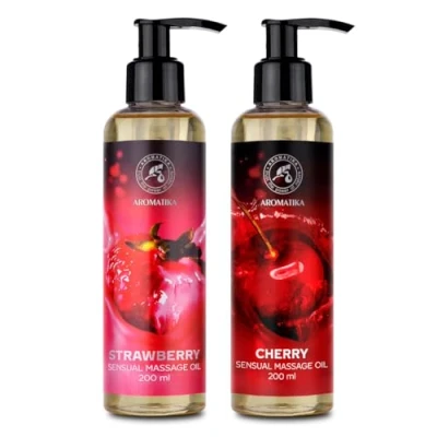 Abbildung von Sinnliches Massageöl Set 2x200ml Erdbeere &amp; Kirsche Körper Massage Öl mit Mandelöl und Traubenkernöl Essbar Natürlich Kissable für Paare