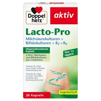 Abbildung von Doppelherz Lacto Pro Milchsäurekulturen + Bifidokulturen B2 B6 Vitamin trägt zu einer normalen Funktion des Immunsystems bei 20 vegetarische und magensaftresistente Kapseln