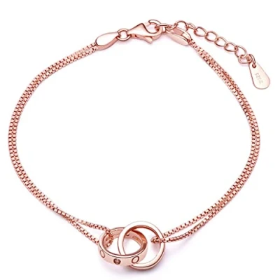 Abbildung von Unendlich U Damen Armband 925 Sterling Silber Zirkonia Ineinander Verschlungene Ringe Doppelringe Armkette Verstellbar Charm Armkettchen Armreif, Rosegold