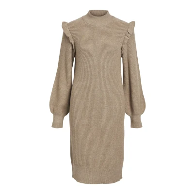 Abbildung von Object Objmalena Ruffle Dress Strickkleid, Damen, Größe: 40, Fossil melange