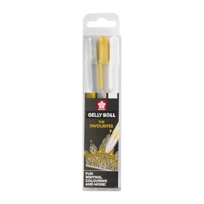 Abbildung von Sakura Gelly Roll Metallic 3 Stück (Weißgold) und Pigma Micron Schwarz 05. Made in Japan