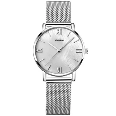 Abbildung von Alienwork Armbanduhr Damen Silber Metall Mesh Armband Edelstahl Weiss Perlmutt Zifferblatt Ultra flach