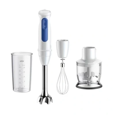 Abbildung von Braun Stabmixer MultiQuick 3 MQ30202M, PowerBell VPlus Technologie, 2 Geschwindigkeiten, EasyClick Plus System, teiliges Zubehör Set (350ml Zerkleinerer, 600ml Becher, Schneebesen), 900W, Weiß