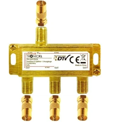 Abbildung von TronicXL 3 fach Koaxverteiler Antennenverteiler SAT Verteiler GOLD Koax Buchse F Stecker mit DC Durchlass TV Kabelfernsehen Splitter kompatibel für Unitymedia Vodafone HD 3D 4K weiche Koaxial