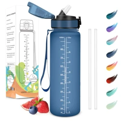 Abbildung von Motswedi Trinkflasche, 1L BPA Frei, Trinkflasche mit Strohhalm, Kohlensäure Geeignet,Trinkflasche Sport, Auslaufsicher, Wasserflasche, Sport für Yoga, Gym, Schule, Outdoors, Dunkelblau