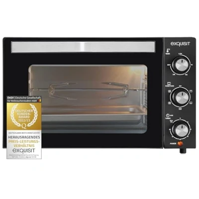 Abbildung von Exquisit Mini Backofen MO 3302 sw Umluft Innenbeleuchtung Stufenlose Einstellung Backblech Timer Schwarz