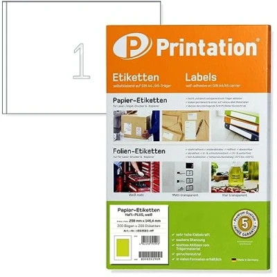 Abbildung von Printation 210x148 mm A5 Power Etiketten Haft PLUS stark haftend, selbstklebend bedruckbar, 200x DIN 1x1, 200 210 x 148 Klebeetiketten weiß DHL Paket Aufkleber Versand Adress