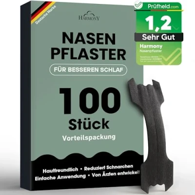 Abbildung von HARMONY® Nasenpflaster Schwarz (100 STÜCK Vorteilspack) Premium Nasenstrips gegen Schnarchen, für besseren Schlaf und bessere Performance, Extra starker Halt, Nose Strips hautverträglich