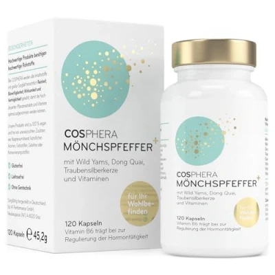 Abbildung von Mönchspfeffer Kapseln hochdosiert (120 Kapseln) 100 mg je Tagesdosis angereichert mit Wild Yams, Dong Quai, Traubensilberkerze, Vitamin C, B6, B12 und Eisen Original Vitex Agnus Castus Vegan