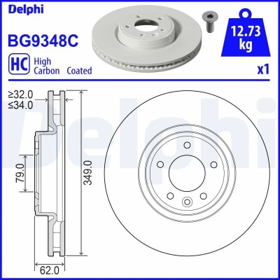Abbildung von DELPHI BG9348C Bremsscheibe 349 34 5 Belüftet beschichtet hochgekohlt ohne Radlager, ABS Sensorring LAND ROVER: Range Rover 4, Sport