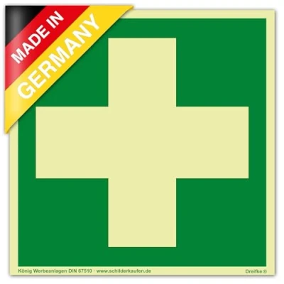 Abbildung von Dreifke® Schild Erste Hilfe extra langnachleuchtend PVC selbstklebend 148 x mm gemäß BGV A 8 DIN 67510