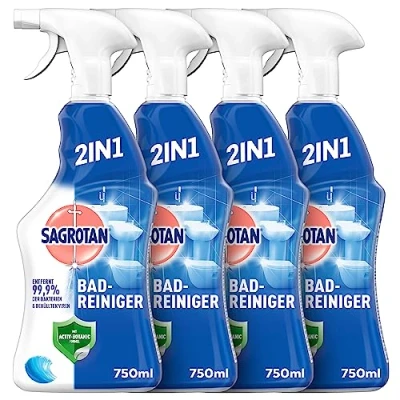 Abbildung von Sagrotan Bad Reiniger Ozeanfrische 2in1 Desinfektionsreiniger mit Antischmutzfilm für zuverlässige Hygiene im Badezimmer 4 x 750 ml Sprühflasche