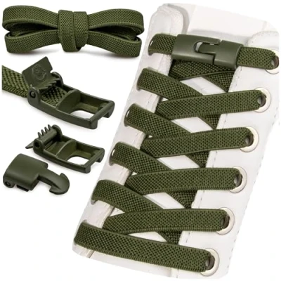 Abbildung von SULPO Schnürsenkel ohne Binden Elastische Schnürsenkel, Flache Gummi Schnellverschluss, No Tie Sneakers für Erwachsene und Kinder, 2 Paare Olivgrün