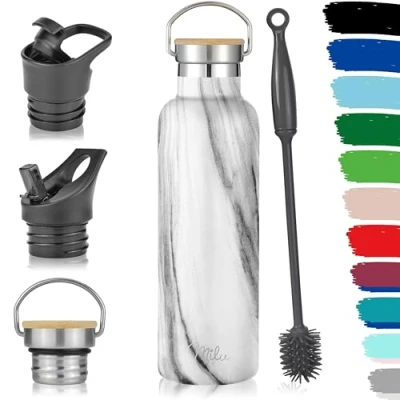 Abbildung von Milu Edelstahl Trinkflasche 500ml, 750ml, 1000ml (+3 Deckel) Thermosflasche mit Strohhalm, Isolierte Wasserflasche, Auslaufsichere Isolierflasche doppelwandig, Kohlensäure geeignet (Marble, 750ml)