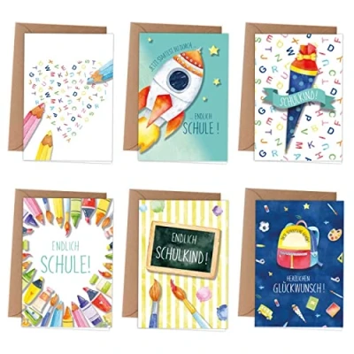 Abbildung von Papierdrachen 6 Grußkarten als Klappkarte inklusive Umschlag zur Einschulung Grüße für das Schulkind kindgerechte Glückwunschkarten zum Schulanfang Set 3