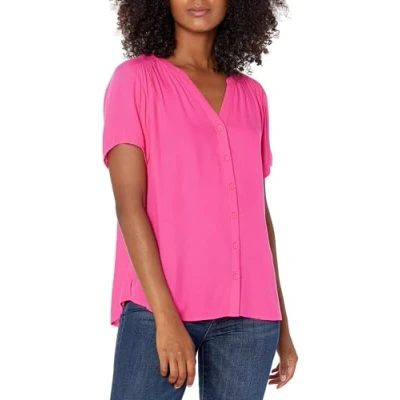 Abbildung von Amazon Essentials Damen Gewebte Kurzarmbluse, Kräftiges Rosa, XXL