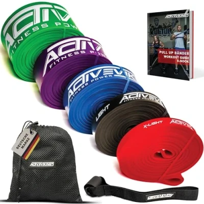Abbildung von ActiveVikings® Pull Up Fitnessbänder Perfekt für Muskelaufbau Fitnessband Klimmzugbänder Widerstandsbänder (F Full Package (Komplett Set + Gym Bag))