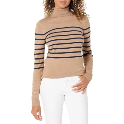 Abbildung von Amazon Essentials Damen Leichter, Langärmeliger Rollkragenpullover, Klassischer Schnitt (Erhältlich In Übergröße), Kamelbraun Marineblau Platzierter Streifen, XS