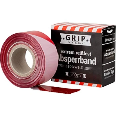 Abbildung von GRIP Eventbasics Absperrband rot weiß, 500 m x 70 mm, HDPE Flatterband extrem reißfest, nicht klebend, im praktischen Abrollkarton zur Absperrung und Markierung von Gefahrenbereichen