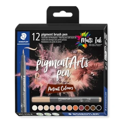 Abbildung von STAEDTLER brush pen pigment Arts, Premium Zeichentusche, Pinselspitze für variable Linienbreite, wasserfest, schnelltrocknend, 12 pens in sortierten Farben im Kartonetui, 371 C12 4