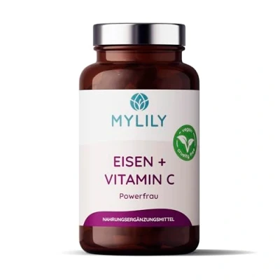 Abbildung von MYLILY® Eisen Vitamin C I Powerfrau Eisentabletten vegan PFLANZLICH aus natürlichem Sandorn Extrakt 90 Kapseln Hohe Bioverfügbarkeit Nachhaltige Glasflasche Deckt den Tagesbedarf