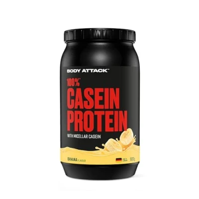 Abbildung von Body Attack 100% CASEIN Protein Banana Cream 900 g Dose Hochwertiges Pulver für Muskelaufbau Training langanhaltende Eiweiß Versorgung ideale Ergänzung zu Whey