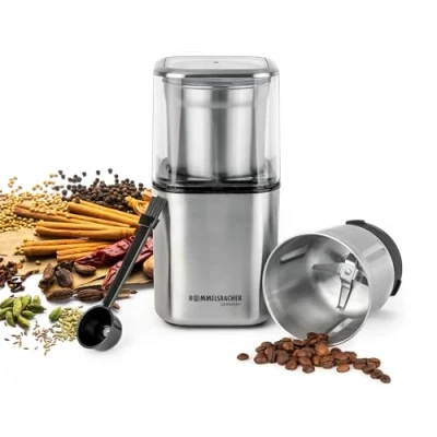 Abbildung von ROMMELSBACHER Gewürz und Kaffee Mühle EGK 200 2 Edelstahlbehälter mit Schlagmesser &amp; Spezialmesser, Füllmenge 70 g, Mahlgrad über Mahldauer wählbar, auch für Pesto, Gewürze, Nüsse, Zucker, Watt