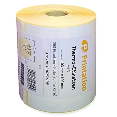 Abbildung von Printation Versandetiketten 103 x 199 mm weiß DHL, DPD, GLS, UPS eine Rolle mit 250 103x199 Thermo Etiketten Thermodirekt permanent Paketaufkleber 1 Zoll / 25mm Kern