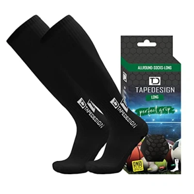 Abbildung von TAPEDESIGN &quot;Long&quot; 1 Paar Rutschfeste Fußball Socken (Lang) mit gummierten Noppen Schwarz Fussball &amp; Stutzen Grip Damen Herren Anti Rutsch Sportsocken, Stulpen Strümpfe (One Size)