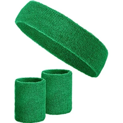 Abbildung von 3 teiliges Schweißband Set mit 2X Schweißbändern für die Handgelenke + 1x Stirnband Damen &amp; Herren (Dunkelgrün)