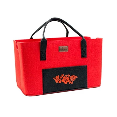 Abbildung von Luxflair Shoppingtasche rot/schwarz Hibiskus, Damen Einkaufstasche besonders groß und robust aus waschbarem Filz, Maße: HxBxT: 26x41x24cm