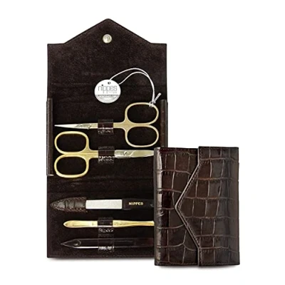 Abbildung von nippes Solingen Premium Line Maniküre Set Croco, 5 teilig, Vernickelt und vergoldet, Vergoldetes Nagelpflege Set, Rindsleder Etui im Kroko Design, Pediküre, Made in Germany