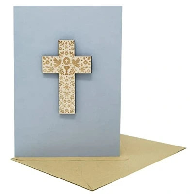 Abbildung von Woodland Mail Karte zur Taufe/Kommunion/Konfirmation Taufkarte mit spezieller Holzkreuz auf der Vorderseite Konfirmation Kommunion Glückwunsch