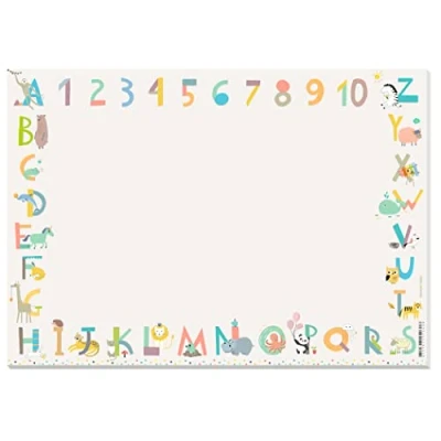 Abbildung von Schreibtischunterlage Kinder ABC, Zahlen, Tiere XL Malblock Papier A3 Block zum Abreißen Malunterlage für Mädchen, Jungen, Kindergarten, Schule, Einschulung, Malen, Zeichnen