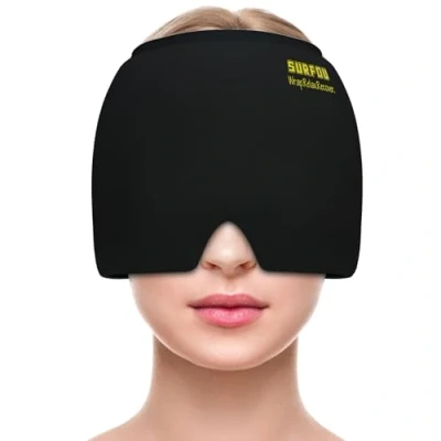 Abbildung von SURFOU Migräne Maske Mütze, Kühlmaske Gesicht Kopfschmerzen Kühlmaske, Schlafmaske Kühlmütze Kühlhaube 360 Gel Surround kühlpads zur Linderung von Kopfschmerzen, Druck