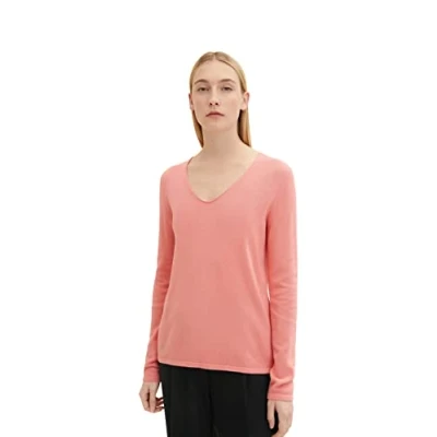 Abbildung von TOM TAILOR Damen Basic Strickpullover mit V Ausschnitt, 31249 Flower Peach, XXS