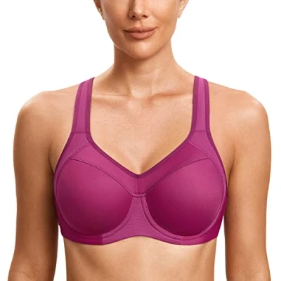 Abbildung von SYROKAN Damen Sport BH Starker Halt Bügel Push Up Ringerrücken Gepolstert Fitness Magenta Violett 70F