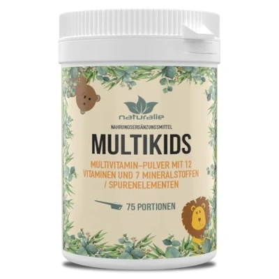 Abbildung von naturalie® Multikids Multivitamin Pulver für Kinder 12 Vitamine und 7 Mineralstoffe/Spurenelemente 75 Portionen ohne unnötige Süßstoffe, Aromen oder Farbstoffe laborgeprüft auf Schadstoffe