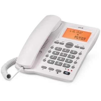 Abbildung von SPC Office ID 2 Festnetztelefon mit beleuchtetem Display, 4 Direktspeichern und 10 indirekten Speichern, Ruftonstufen, Anrufer ID, Lichtsignal, Freisprechfunktion, Tisch oder Wandmontage Weiß