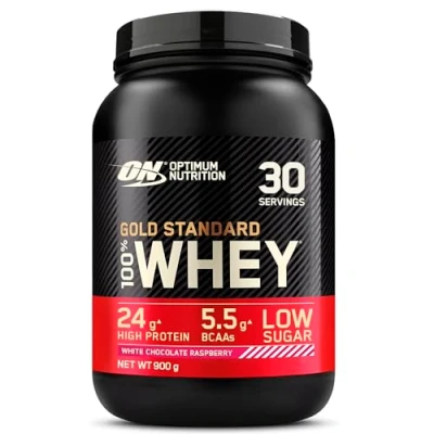 Abbildung von Optimum Nutrition Gold Standard 100% Molkenproteinpulver für Muskelaufbau und regeneration mit natürlich vorkommendem Glutamin BCAA Aminosäuren, White Chocolate Raspberry, 30 Portionen, 900 g