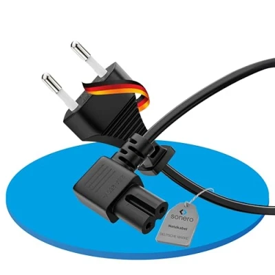 Abbildung von sonero Stromkabel Netzkabel 2 Polig, 1.50m, Eurostecker Typ C Netzstecker auf IEC Buchse C7 Euro 8 Stecker, 90 Winkel Netzteil Strom Kabel für TV, PS5, PS4, PS3, Haushaltsgeräte, schwarz