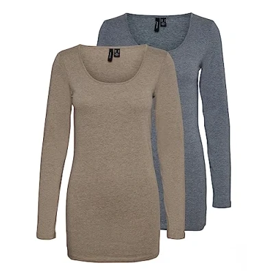 Abbildung von VERO MODA Damen VMMAXI My LS Soft Long U Neck GA 2P, Ombre Blue Melange/Walnut Melange, L